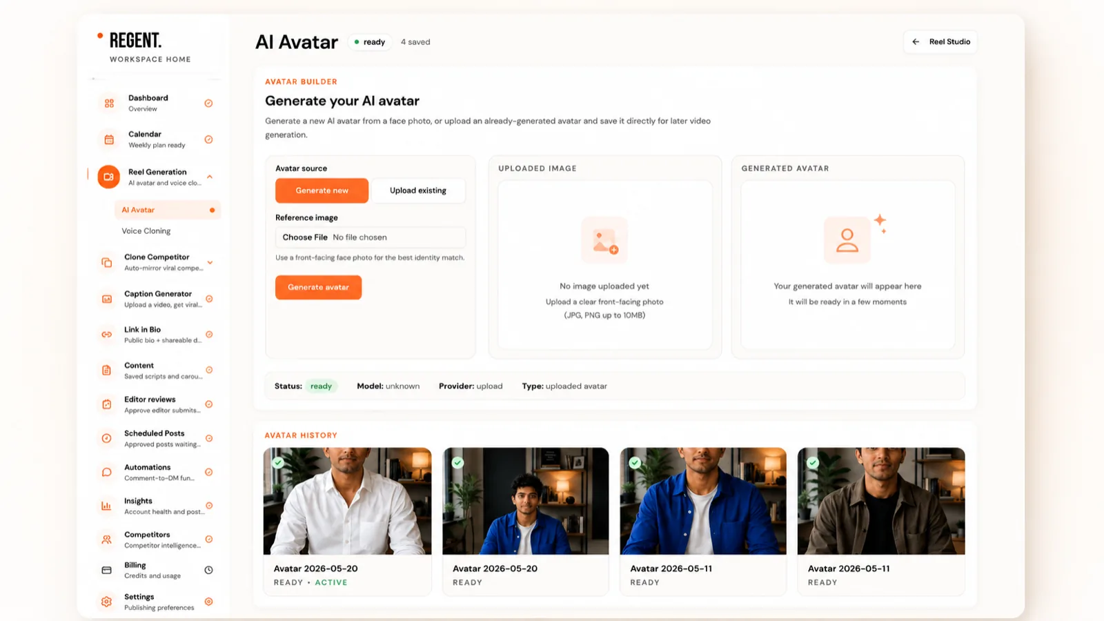 Regent AI avatar generator for creators — upload one selfie to generate unlimited lip-synced talking-head reels in your face for Instagram and TikTok