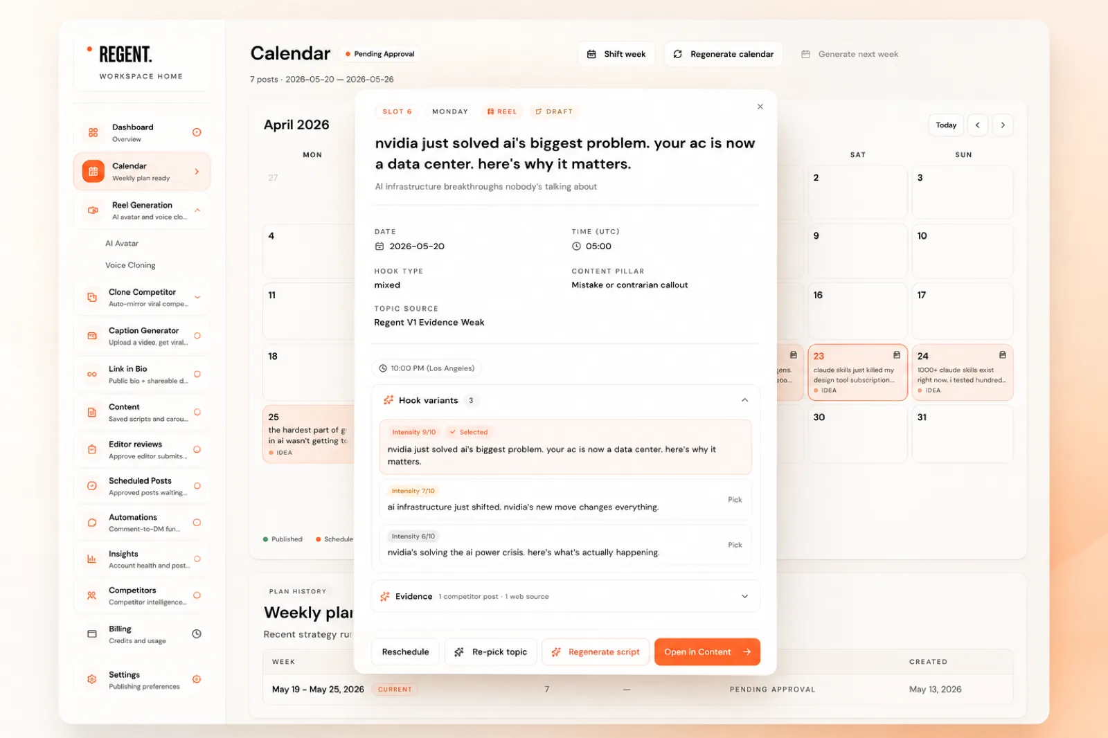 Regent calendar tile expanded — script outline, three competitor-tested hook variants, peak post time, and reel or carousel format suggestion
