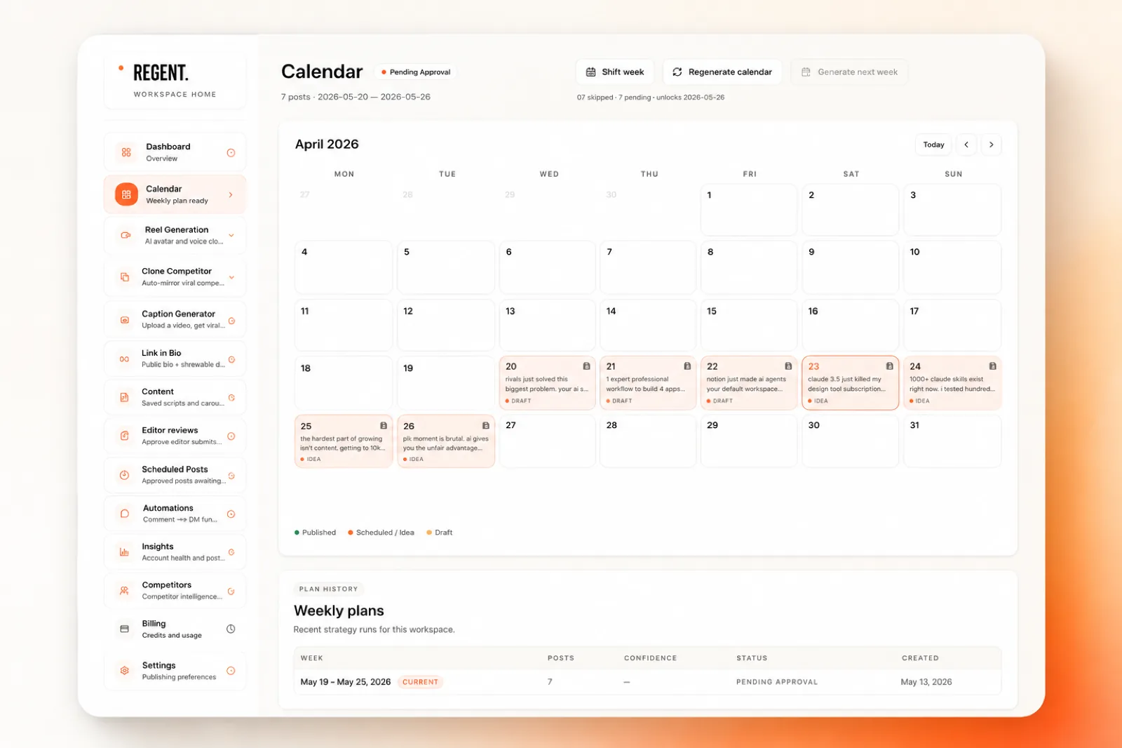 Regent AI content calendar dashboard for creators — weekly schedule with three hook variants per post built from competitor research