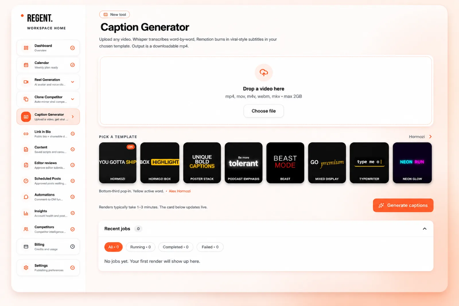 Regent AI caption generator for creators — paste a topic and get a hook, full caption, and trending hashtags tuned for Instagram, TikTok, and LinkedIn