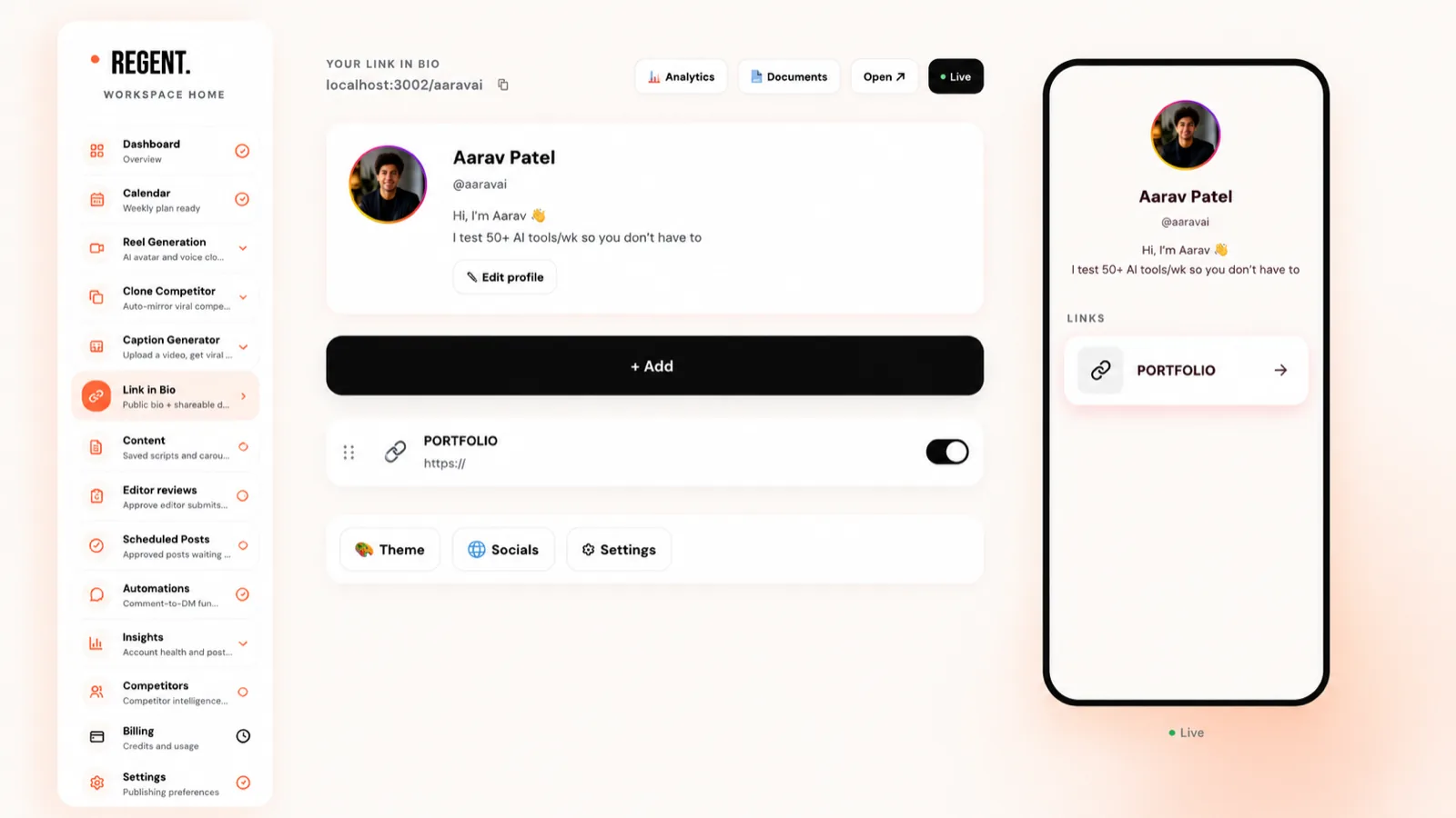 Regent link-in-bio page editor for creators — single landing page that auto-updates with latest reels, products, lead magnets, and signup forms