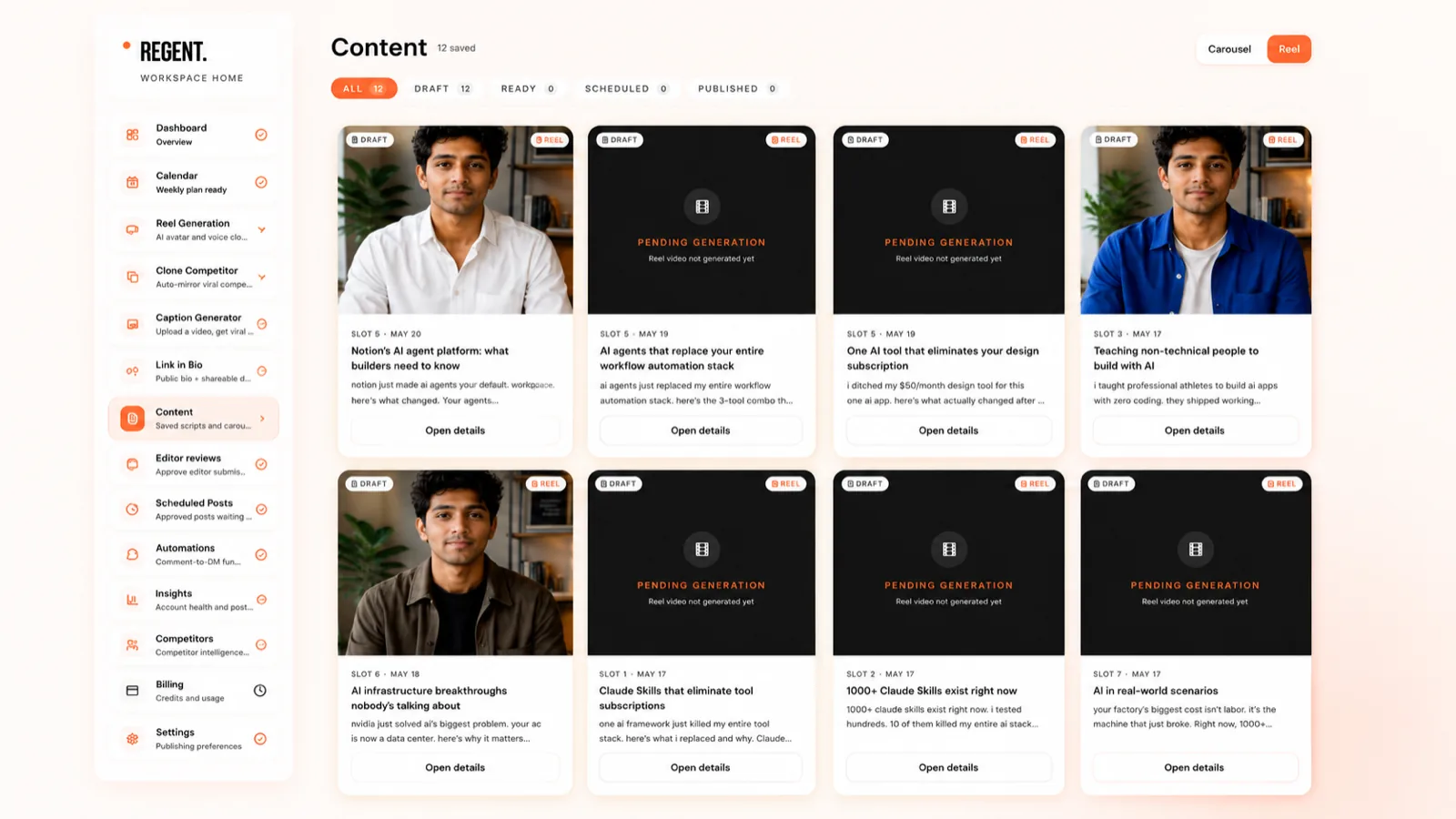 Regent AI reel generator for Instagram creators — script, voice clone, and AI avatar combined into a finished lip-synced reel in under a minute