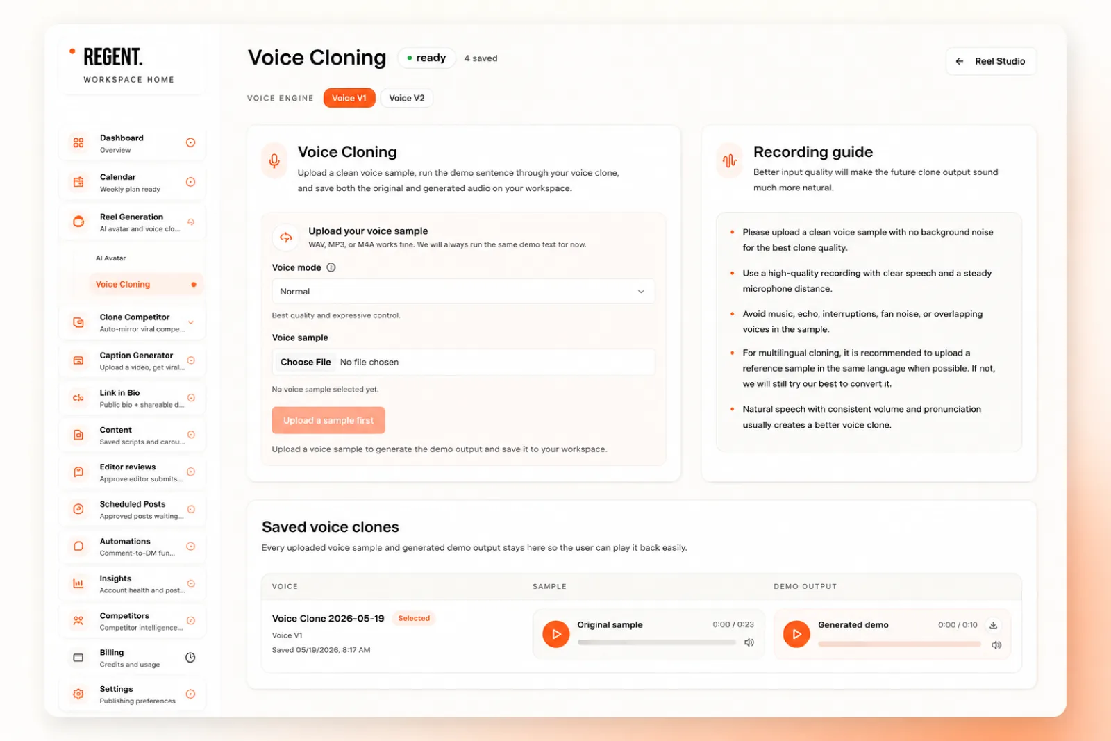Regent AI voice clone dashboard — record a 15-second sample to clone your voice for AI-generated reels, scripts, and auto-DM replies in your real tone